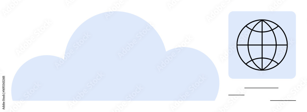 Poster light blue cloud shape and globe icon symbolizing global networks, data sharing, and cloud storage. 