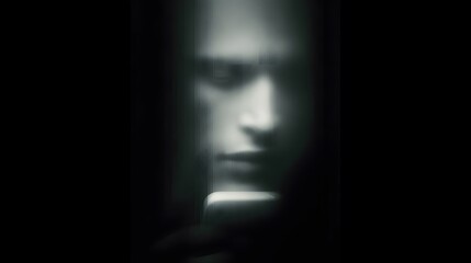 Mysterious shadowed face illuminated by phone screen in dark room creating eerie atmospheric glow and suspenseful mood