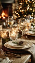 Fototapeta premium Inviting holiday dinner scene with festive charm. Branding asset. Subtle festive vibes: tree adjustments, cozy hearth. Advertising photo. Hero shot.