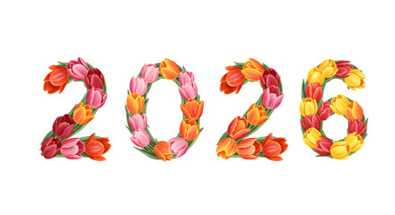 2026 New Year Floral Numbers: Tulips Design png alpha channel isolated on transparent background