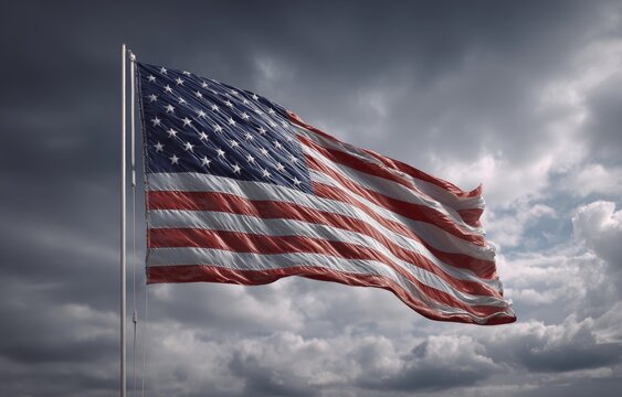 American flag waving against a stormy sky - Powered by Adobe