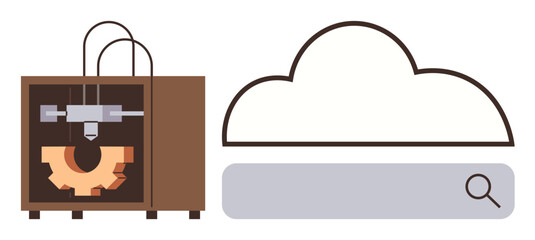 3D printer crafting a gear beside a cloud and search bar. Ideal for technology, engineering, innovation, online tools, cloud storage, automation, manufacturing. Minimal flat metaphor
