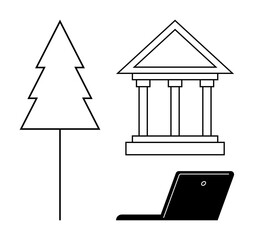 Pine tree, classic building, and laptop suggesting sustainability, green initiatives, education, and technology. Ideal for environmental conservation, eco-schools, online learning government