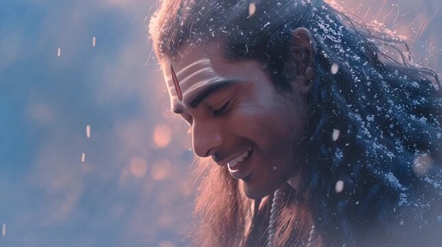 Close up of a man with long hair smiling against a blurred background with a tilak on his forehead