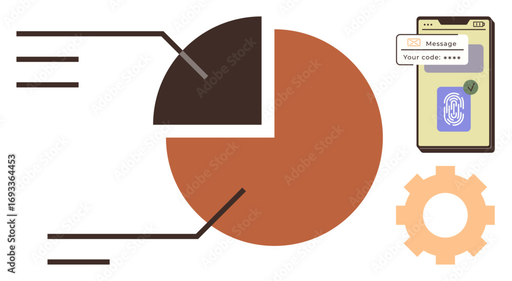 Aufkleber pie chart with labeled segments, smartphone with biometric and passcode authentication, gear icon. i