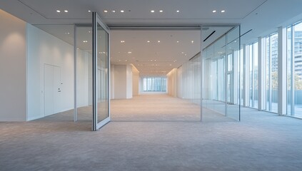 Empty modern office space with large glass walls