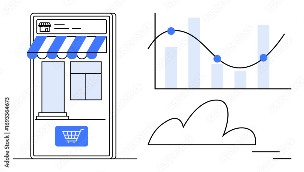 Poster mobile storefront with striped awning and shopping cart icon paired with a graph showing sales trend