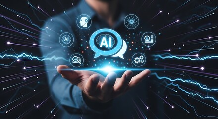 Person holding AI technology concepts with glowing digital brain and data visualization