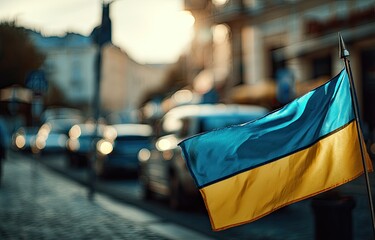 Ukrainian flag waving in a city street