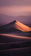 Golden sand dunes illuminated by warm sunset light in a vast desert landscape with distant mountains under a soft purple sky