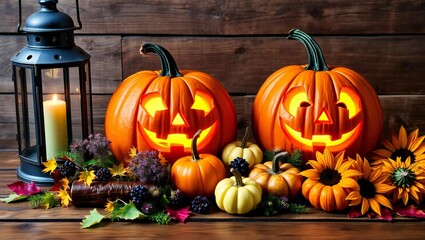 Fototapeta premium Glowing jack o lanterns and autumn flowers on wooden background