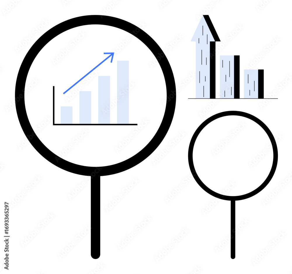 Poster magnifying glass highlighting bar chart with upward arrow beside another bar chart. ideal for analyt