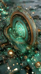 Futuristic quantum energy core glowing with teal light embedded in a high-tech circuitry landscape featuring intricate golden rings and illuminated nodes