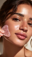 Young woman with radiant skin gently applying rose quartz facial gua sha tool for natural skincare and wellness routine