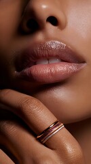 Close-up of a woman's lips with glossy makeup and hand touching chin wearing elegant multi-band rings with colorful gemstones