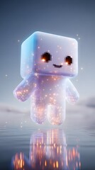 Glowing pixelated cube character with sparkles floating above reflective water under twilight sky