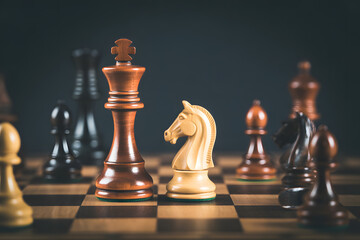 Chess Strategy and Game: A close-up captures the strategic beauty of a chessboard, pieces arranged in anticipation of a cerebral duel, epitomizing strategy, tactics.