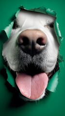 Close-up of a happy dog's face peeking through a torn green paper hole with tongue out and expressive eyes