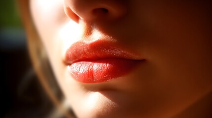 Close-up of a woman's lips with vibrant red lipstick, soft natural lighting, smooth skin texture, and subtle shadows highlighting facial contours