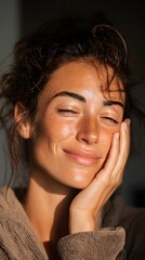 Beautiful young woman with closed eyes smiling gently while resting her face on her hand in warm natural light