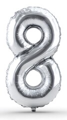 Shiny Silver Number Eight Foil Balloon Isolated on White Background with Reflective Surface and Elegant Curved Design for Celebrations and Events