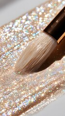 Close-up of a soft makeup brush with golden handle applying shimmering iridescent glitter powder on a reflective surface
