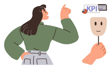 Woman holding a smiling mask, pointing at KPI data with charts and graphs. Ideal for corporate identity, performance metrics, self-expression, leadership dynamics, workplace psychology, productivity