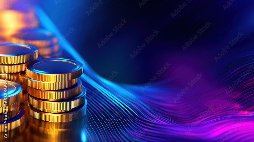 Poster stacked golden coins glimmer against a vibrant, abstract background with dynamic light patterns
