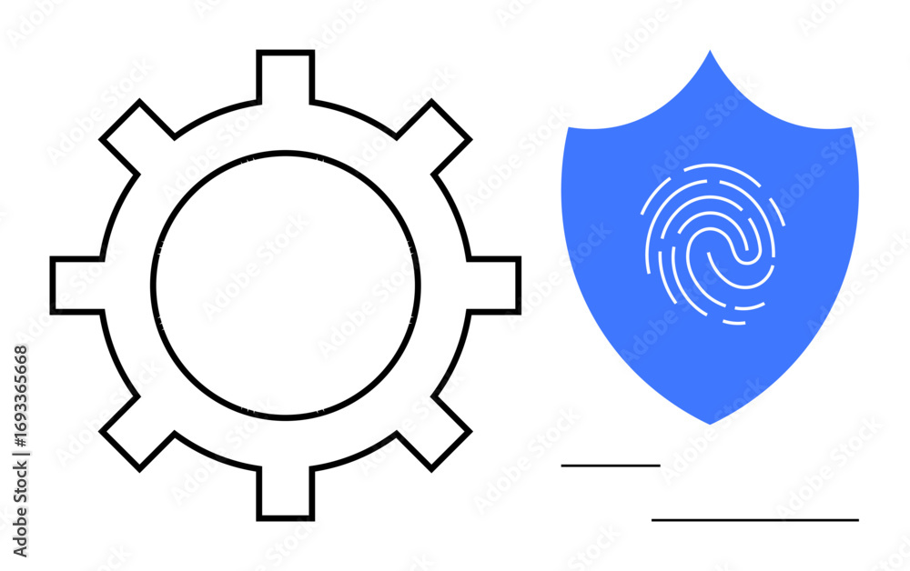 Poster gear representing system optimization alongside a blue shield with fingerprint for cybersecurity. id