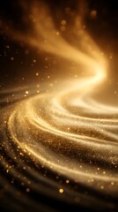 Golden luminous waves swirling in a mesmerizing abstract pattern with sparkling particles and radiant light trails on a dark background