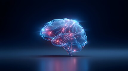 Digital holographic human brain with glowing neural networks and electric blue light effects on dark background