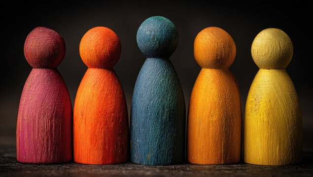Row of colorful wooden figures