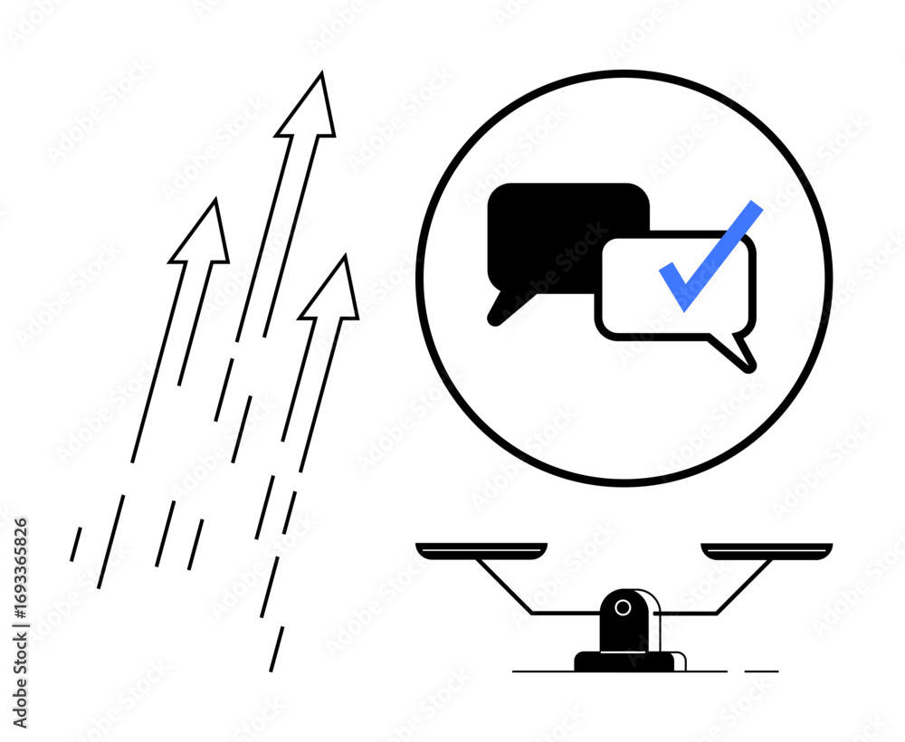 Poster upward arrows signify progress, chat bubbles with checkmark indicate effective communication, and a 