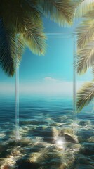 Transparent glass door frame overlooking crystal-clear turquoise ocean waters with palm fronds framing the view under a bright blue sky and sunlight reflecting on the sea surface
