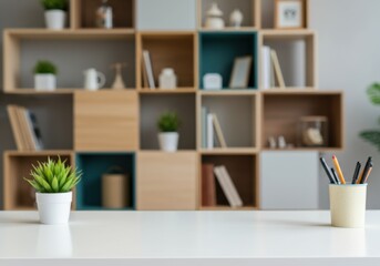 Fototapeta premium Empty Desk with Modern Interior Background