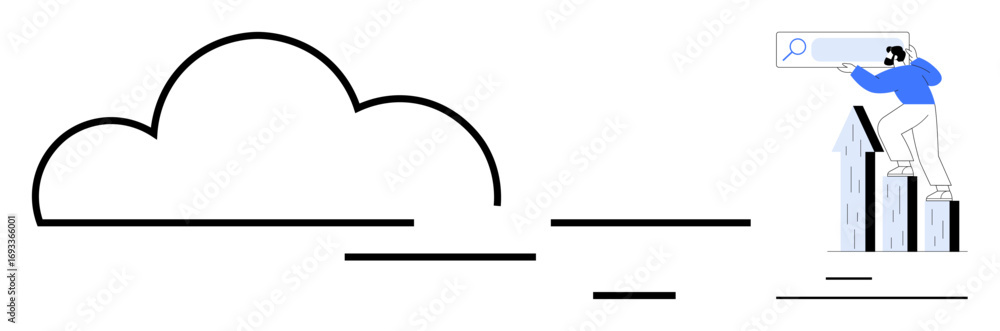 Aufkleber man with magnifying glass stands atop bar graphs exploring data insights and cloud storage. ideal fo