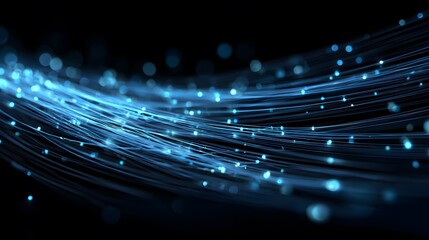 Abstract digital data stream with glowing blue fiber optic lines flowing in a wave pattern against a dark background representing high-speed internet and advanced technology