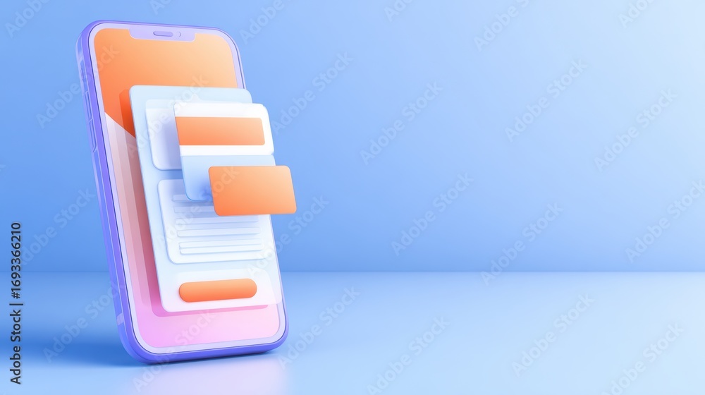 Poster a modern smartphone displaying a vibrant interface with interactive elements against a soft blue bac