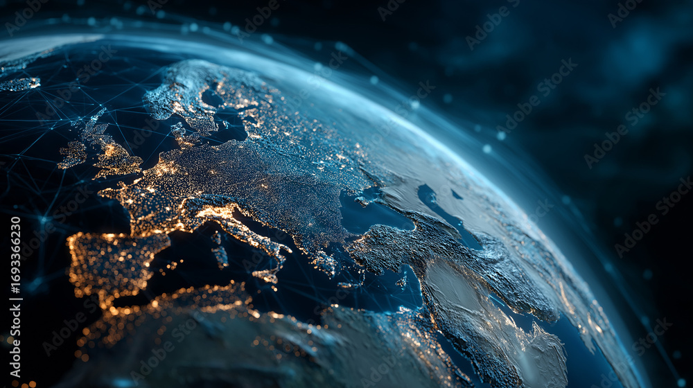Poster global connection: a stunning view of earth from space, showcasing continents and networks of data.