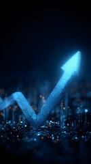Digital arrow graph rising upward in futuristic blue glow with glowing particles and circuit-like background representing technology growth and data analytics