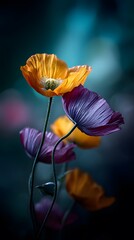 Vibrant orange and deep purple poppies in full bloom against a dark blurred background with soft bokeh lighting highlighting delicate petals and slender stems