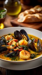 Delicious seafood stew with mussels, shrimp, and herbs in a rich orange broth served in a white bowl with bread and olive oil in the background