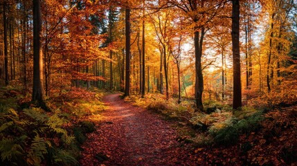 Fototapeta premium Autumn forest with warm golden leaves covering trail illuminated by sunlight symbolizing natural beauty, outdoor relaxation, and peaceful seasonal exploration