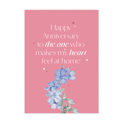 Anniversary card template featuring a delicate watercolor illustration of Cape leadwort flowers with twinkling star on a vibrant pink background