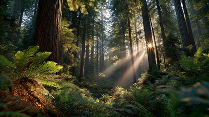 Fototapeta premium Sun-Dappled Forest Canopy: A serene and inspiring photo showcases the captivating beauty of an ancient forest, sunlight streaming through towering trees and illuminating the lush green forest floor. 