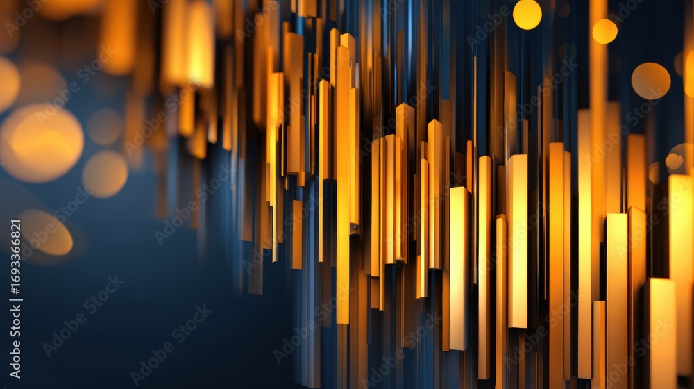 Poster abstract design featuring vertical golden bars against a dark blue background, creating a dynamic vi