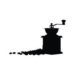 Coffee grinder silhouette with beans for espresso and french press brewing art