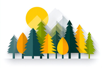 A Colorful Vector Illustration of a Forest Scene with Trees and a Bright Yellow Sun