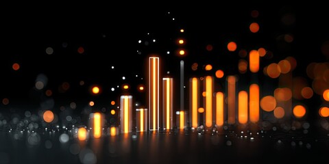 Abstract graphic with orange vertical bars on a dark background, accented with glittering particles