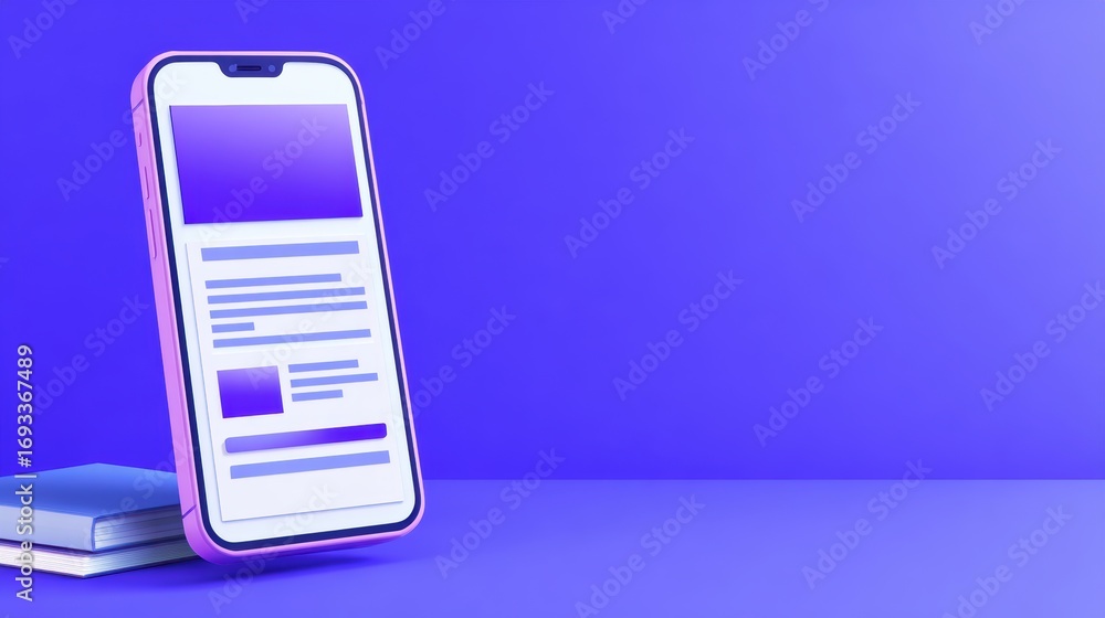 Poster a modern smartphone displaying a webpage, resting on a stack of books against a vibrant purple backg
